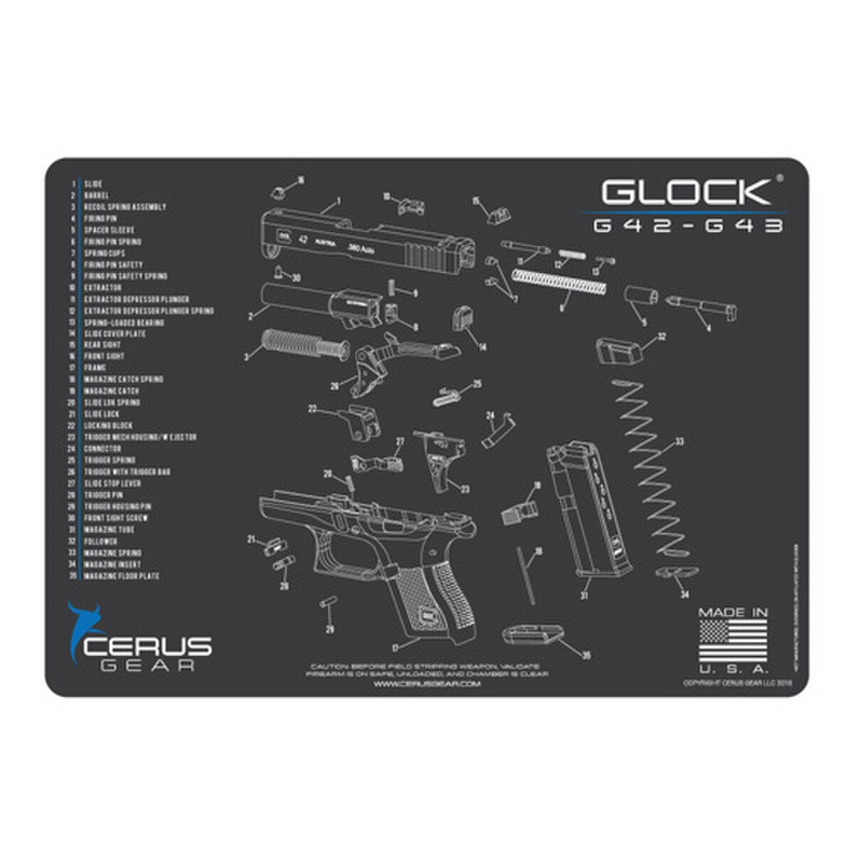 Cerus Gear Glock 42/43 Schematic Handgun Mat – Charcoal Gray, 12" x 17"