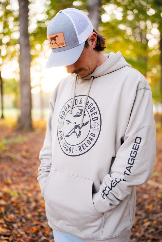 Aim. Shoot. Reload. Hoodie Hooked & Tagged, Inc.