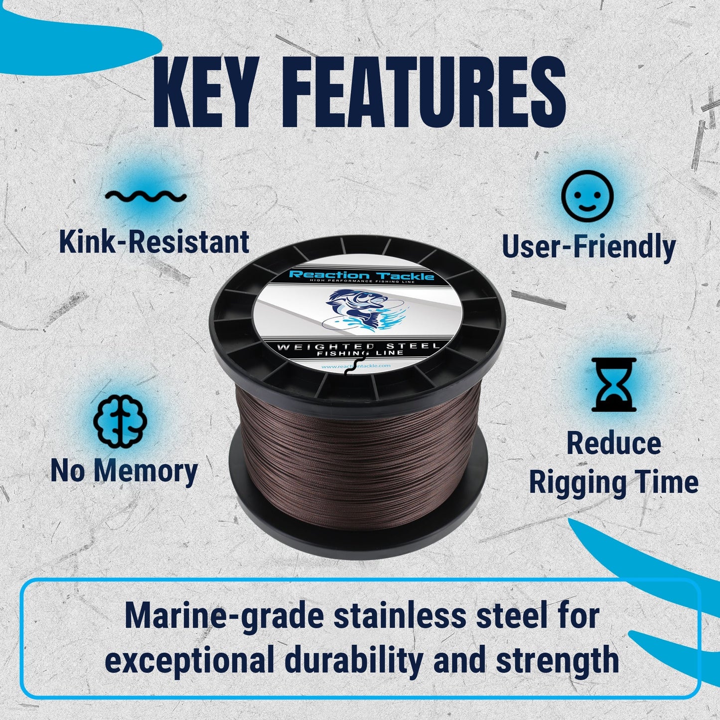 Reaction Tackle Weighted Stainless Steel Trolling Line 45LB- Premium Weighted Fishing Wire - New Reaction Tackle