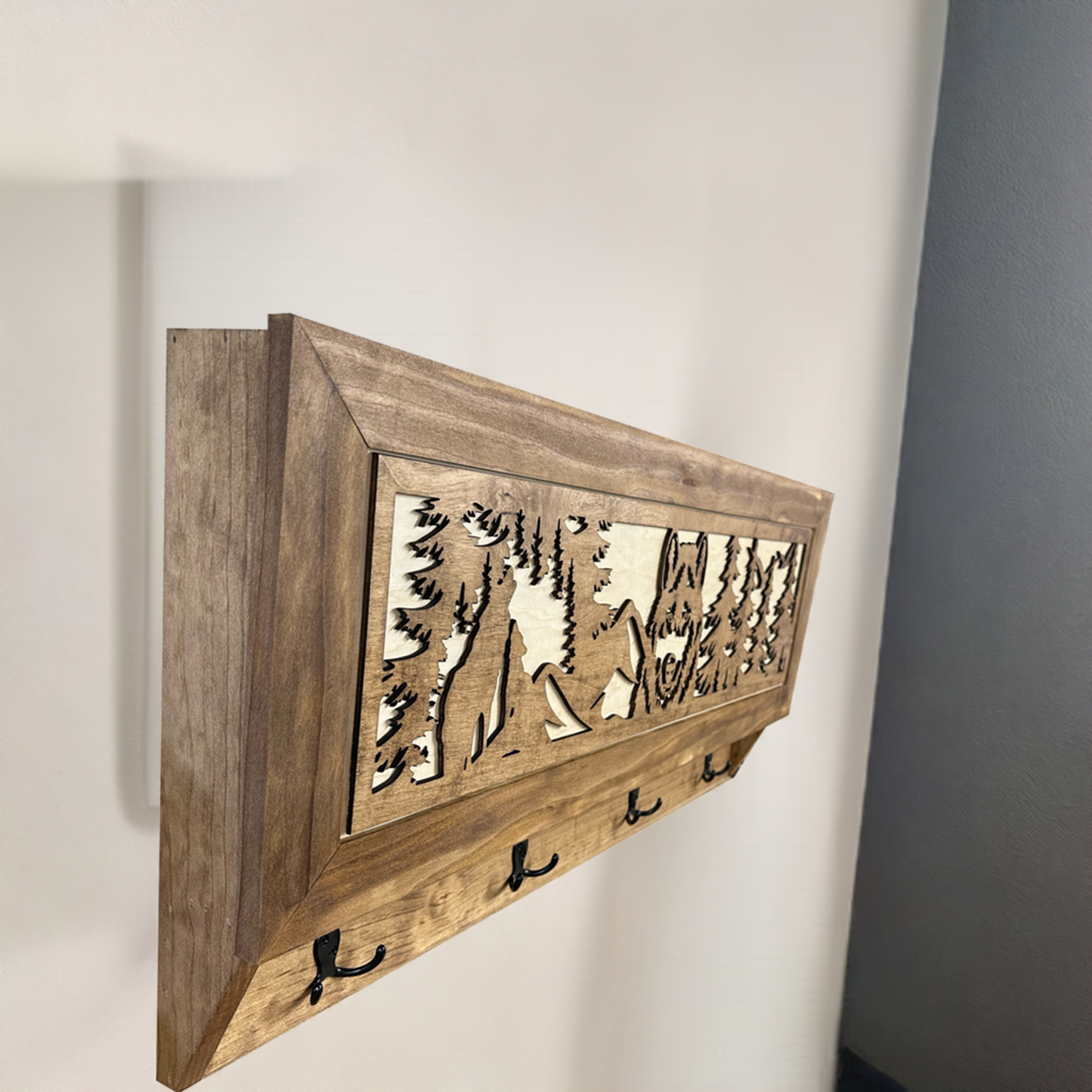 Wolf in the Wild Hidden Gun Storage - Coat Rack Concealment Shelf with Hooks for Coats, Bags, & Hats - Quick Access Hidden Gun Shelf - Secure Magnetic Lock