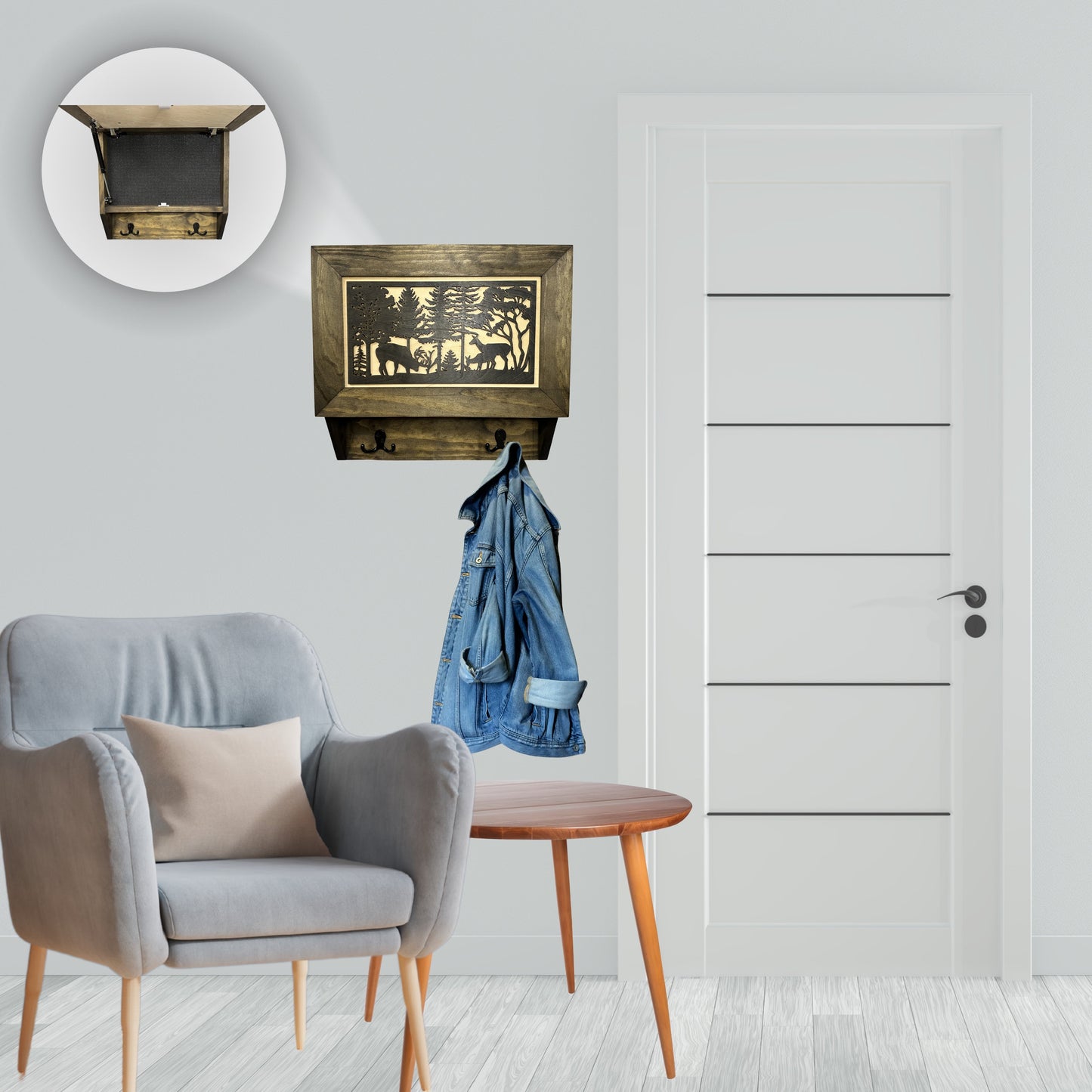 Deer Scene Wall Mounted Gun Cabinet Coat Rack – Secure & Stylish Wall Decor Hidden Firearm Concealment Furniture Key Hanger Deer Hunter Gift Bellewood Designs