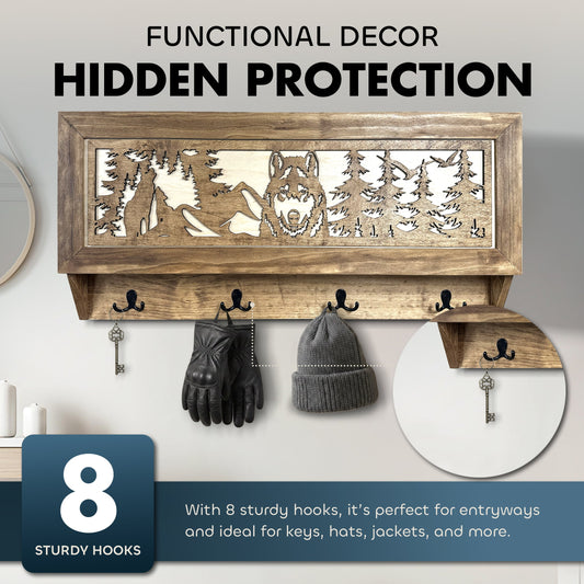 Wolf in the Wild Hidden Gun Storage - Coat Rack Concealment Shelf with Hooks for Coats, Bags, & Hats - Quick Access Hidden Gun Shelf - Secure Magnetic Lock