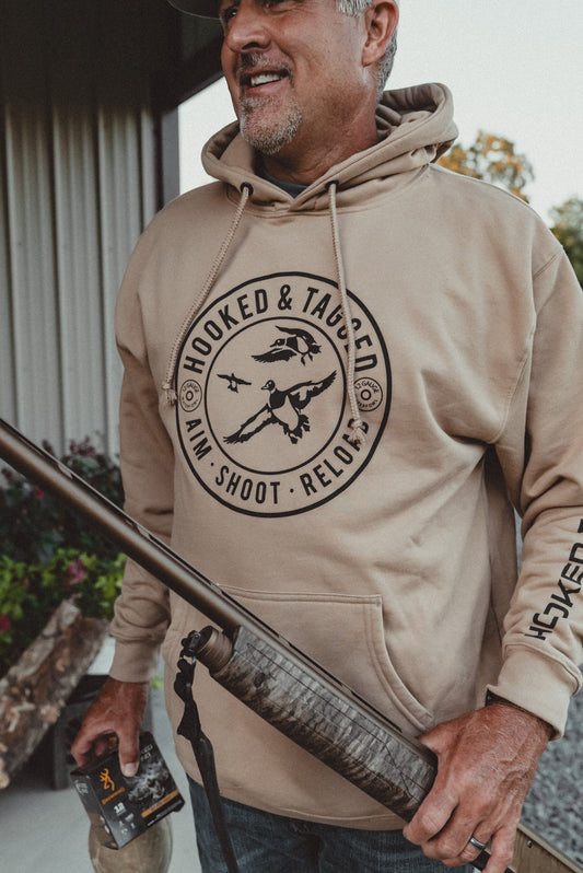 Aim. Shoot. Reload. Hoodie Hooked & Tagged, Inc.