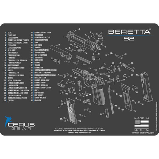 Cerus Gear Beretta 92 Schematic Handgun Mat – Charcoal Gray, 12" x 17"