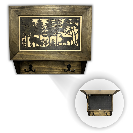 Deer Scene Wall Mounted Gun Cabinet Coat Rack – Secure & Stylish Wall Decor Hidden Firearm Concealment Furniture Key Hanger Deer Hunter Gift Bellewood Designs