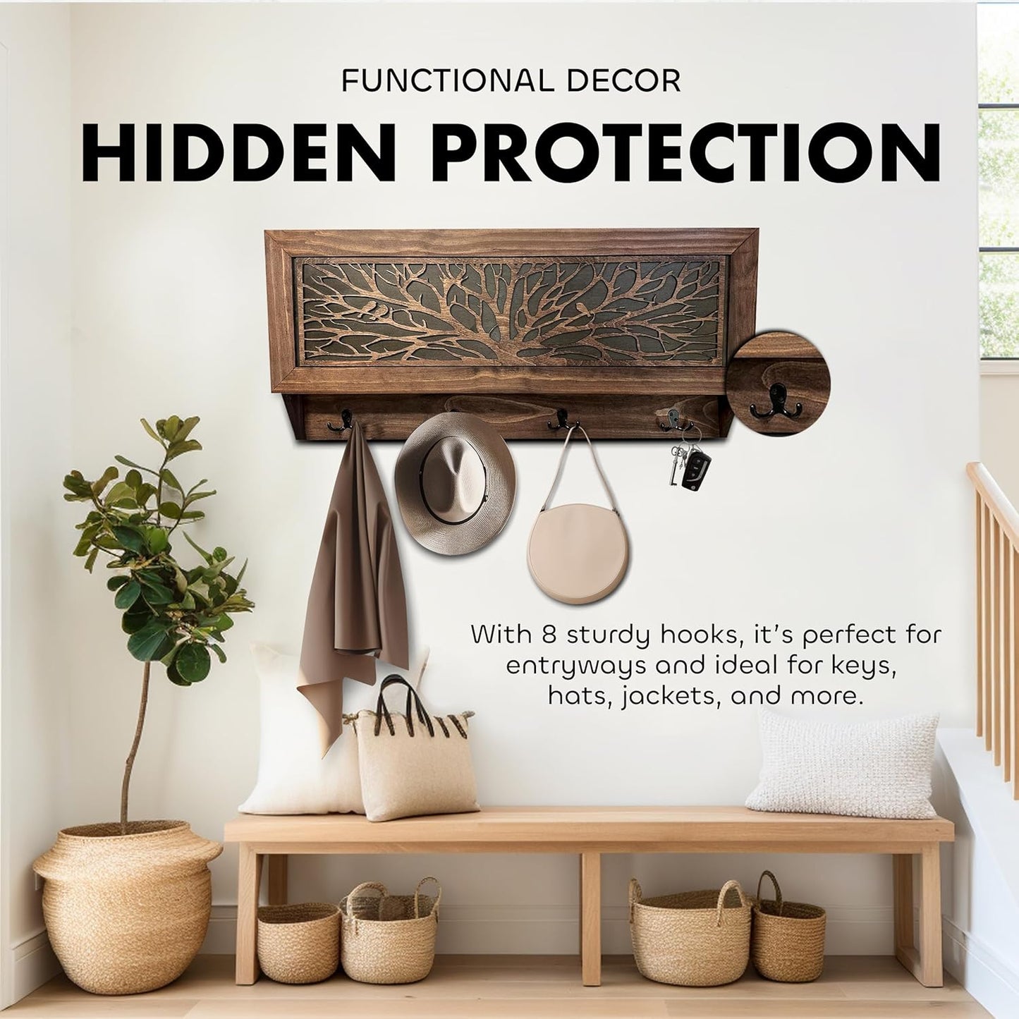 Birds in a Tree Large Gun Concealment Coat Rack - Handcrafted Wooden Gun Cabinets - Gun Shelf Hidden Storage for Rifles, Shotguns, & Handguns - Quick Access Hidden Wall Safe