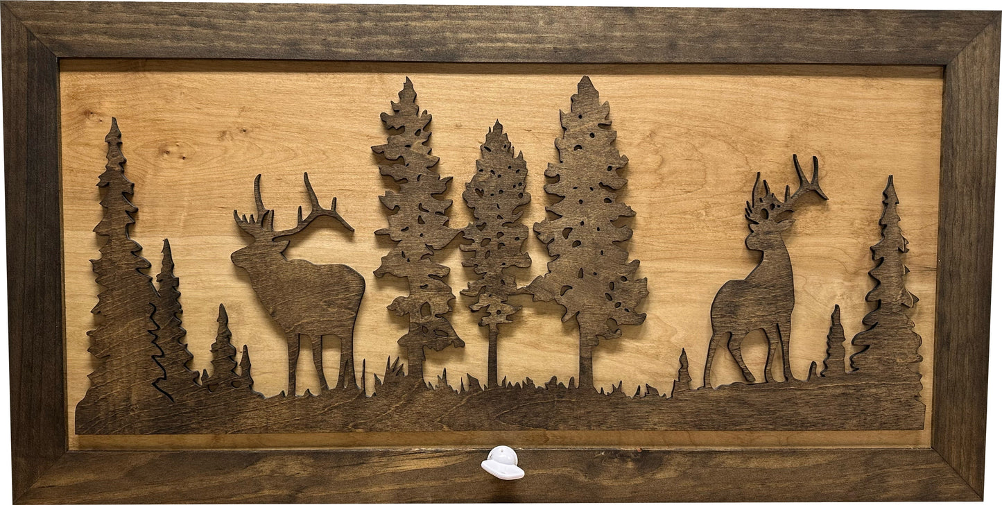 Deer and Elk Gun Concealment Decor - Handcrafted Wooden Gun Cabinets - Gun Shelf Hidden Storage for Rifles, Shotguns, & Handguns - Quick Access Hidden Wall Safe (Extra Large)