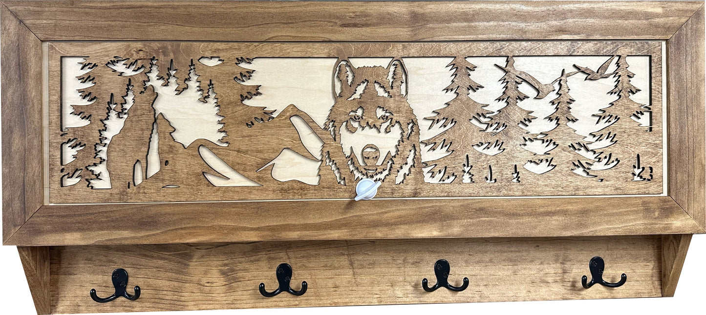 Wolf in the Wild Hidden Gun Storage - Coat Rack Concealment Shelf with Hooks for Coats, Bags, & Hats - Quick Access Hidden Gun Shelf - Secure Magnetic Lock