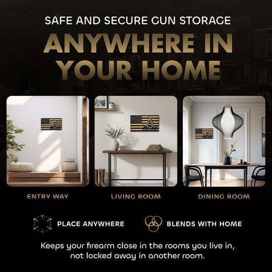 Dont Tread on Me Concealment Shelf - Quick Access Patriotic Hidden Gun Storage with Magnetic Lock - Safe & Secure Gun Concealment Furniture (Stripes)