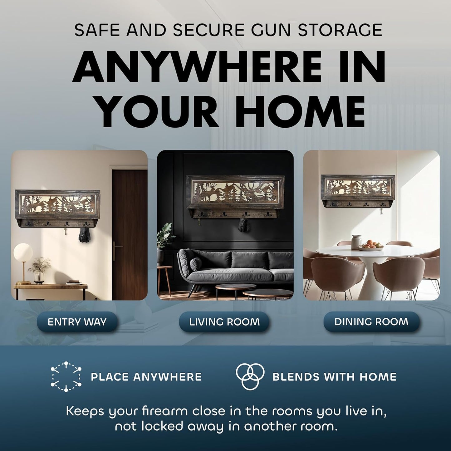 Deer Hunter Hidden Gun Storage - Coat Rack Concealment Shelf with Hooks for Coats, Bags, & Hats - Quick Access Hidden Gun Shelf - Hidden Storage Furniture with Secure Magnetic Lock