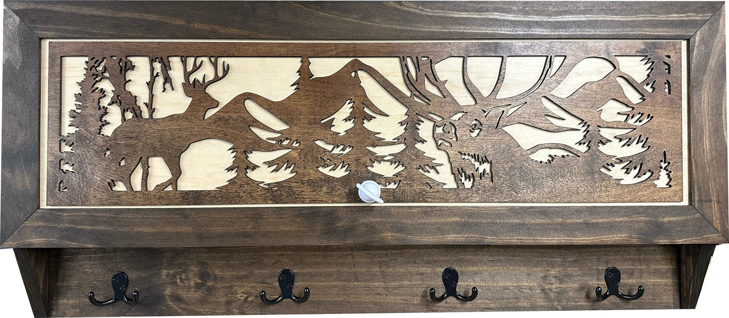 Deer Hunter Hidden Gun Storage - Coat Rack Concealment Shelf with Hooks for Coats, Bags, & Hats - Quick Access Hidden Gun Shelf - Hidden Storage Furniture with Secure Magnetic Lock