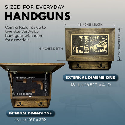 Gun Concealment Furniture - Deer Hunter Coat Rack Hidden Wall Safe with Hooks for Coats, Bags, & Hats - Quick Access Hidden Gun Storage - Wood Gun Cabinet with Secure Magnetic Lock