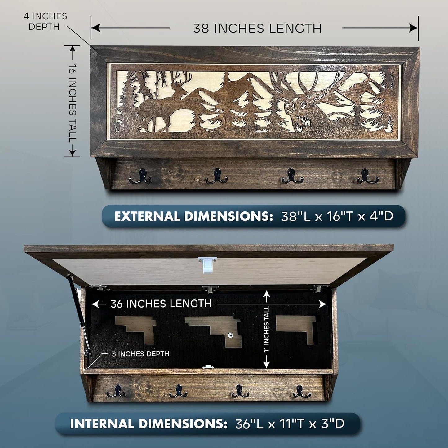 Deer Hunter Hidden Gun Storage - Coat Rack Concealment Shelf with Hooks for Coats, Bags, & Hats - Quick Access Hidden Gun Shelf - Hidden Storage Furniture with Secure Magnetic Lock