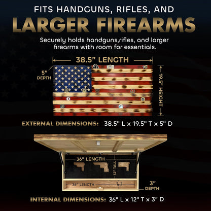 American Flag Challenge Coin Display and Hidden Gun Cabinet, Military Coin Holder Holds 100 Coins and is Ready to Hang, Large US Flag Patriotic Art 38.5" x 19.5"
