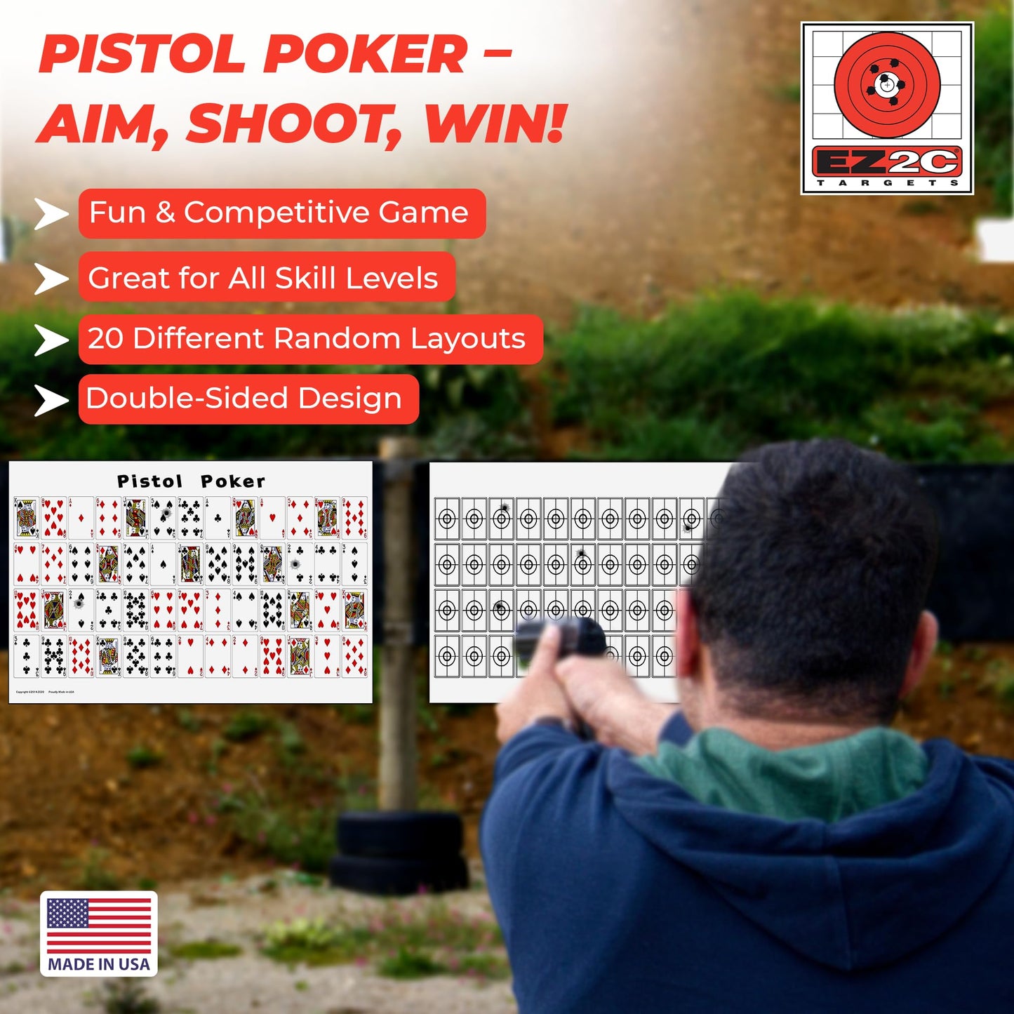 20 EZ2C Pistol Poker Paper Shooting Targets 12"x18" 20 pack USA MADE