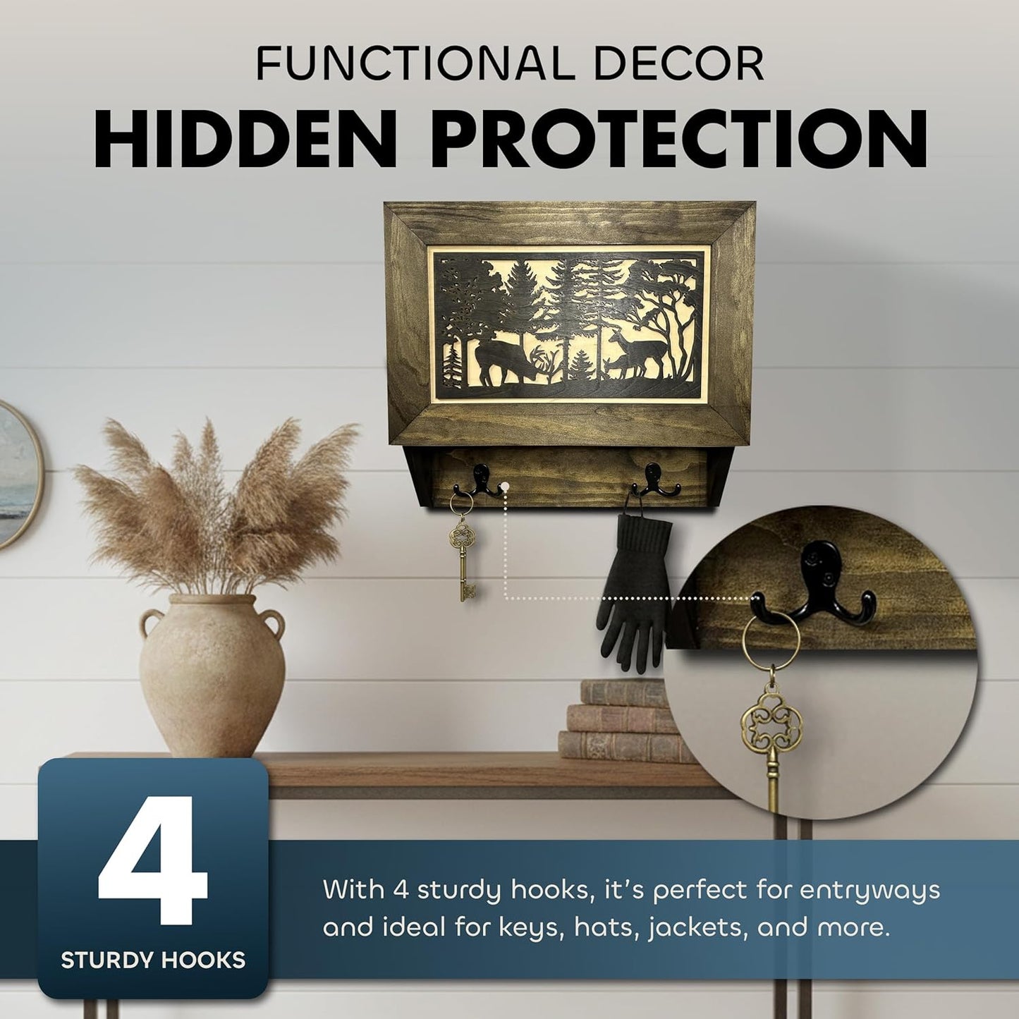 Gun Concealment Furniture - Deer Hunter Coat Rack Hidden Wall Safe with Hooks for Coats, Bags, & Hats - Quick Access Hidden Gun Storage - Wood Gun Cabinet with Secure Magnetic Lock