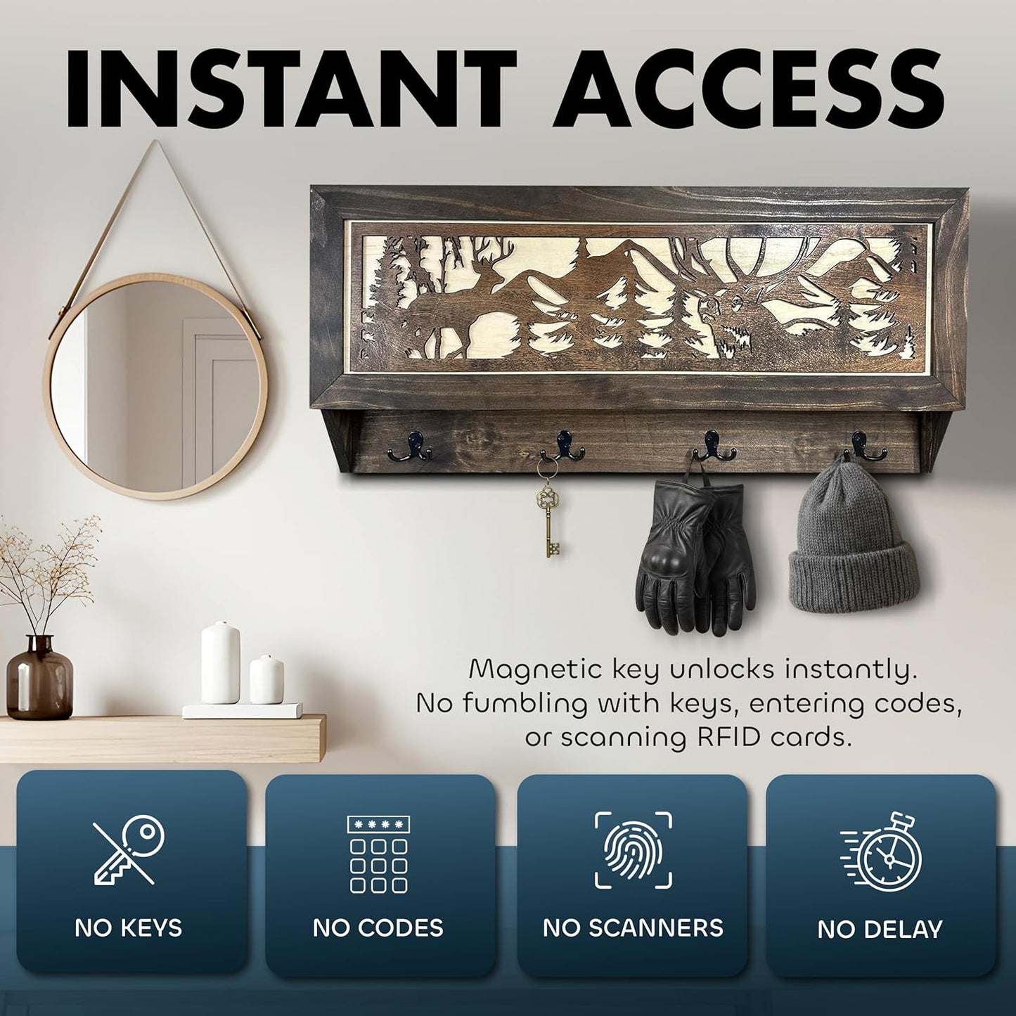 Deer Hunter Hidden Gun Storage - Coat Rack Concealment Shelf with Hooks for Coats, Bags, & Hats - Quick Access Hidden Gun Shelf - Hidden Storage Furniture with Secure Magnetic Lock