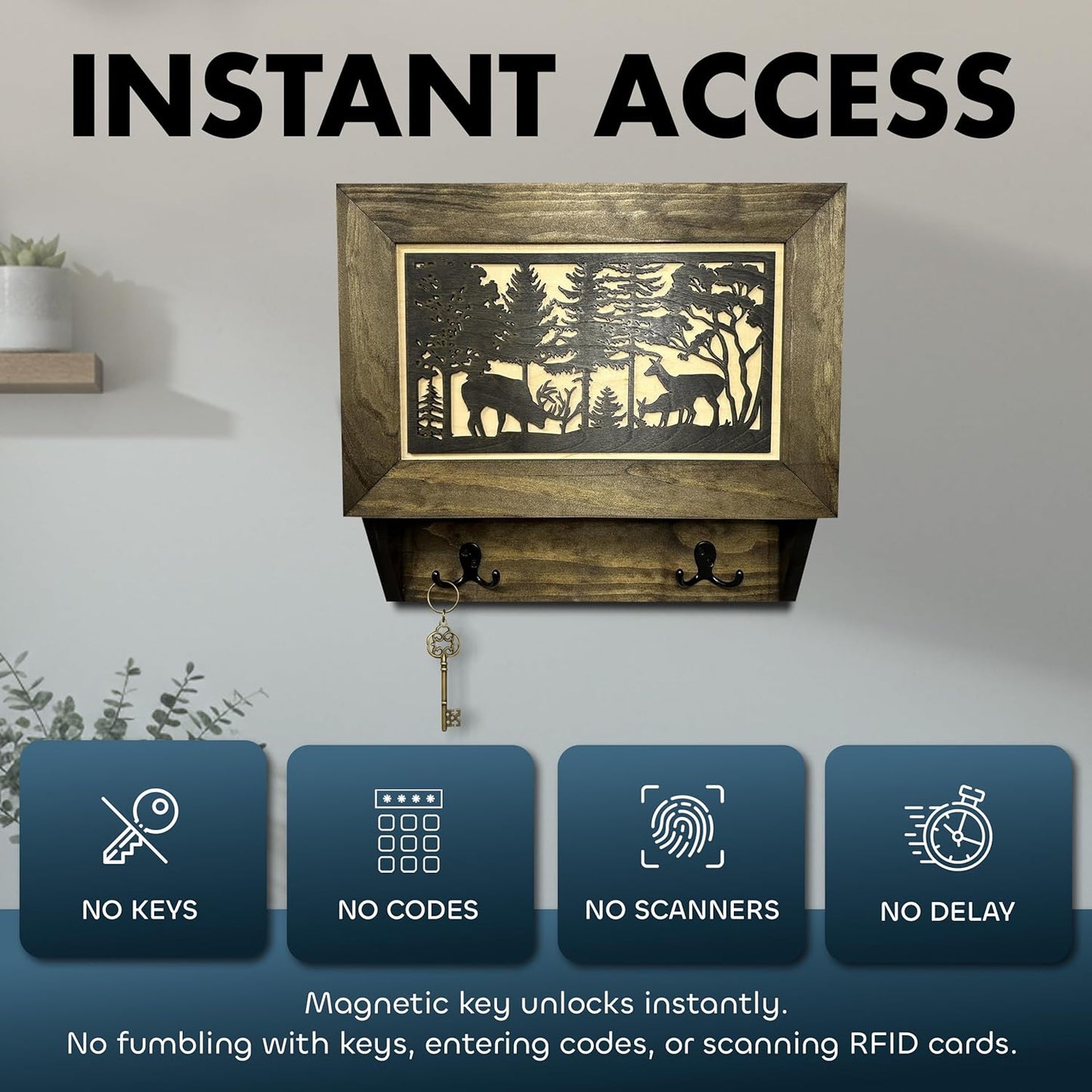 Gun Concealment Furniture - Deer Hunter Coat Rack Hidden Wall Safe with Hooks for Coats, Bags, & Hats - Quick Access Hidden Gun Storage - Wood Gun Cabinet with Secure Magnetic Lock