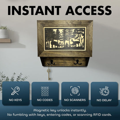 Gun Concealment Furniture - Deer Hunter Coat Rack Hidden Wall Safe with Hooks for Coats, Bags, & Hats - Quick Access Hidden Gun Storage - Wood Gun Cabinet with Secure Magnetic Lock