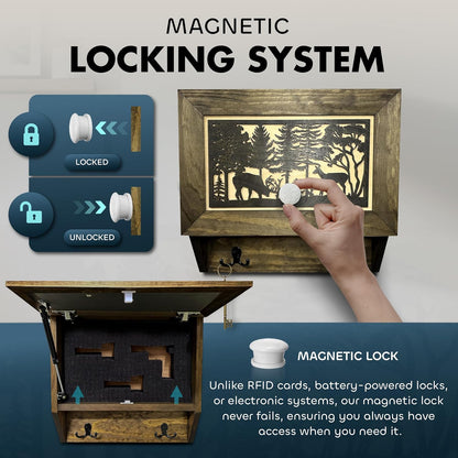 Gun Concealment Furniture - Deer Hunter Coat Rack Hidden Wall Safe with Hooks for Coats, Bags, & Hats - Quick Access Hidden Gun Storage - Wood Gun Cabinet with Secure Magnetic Lock