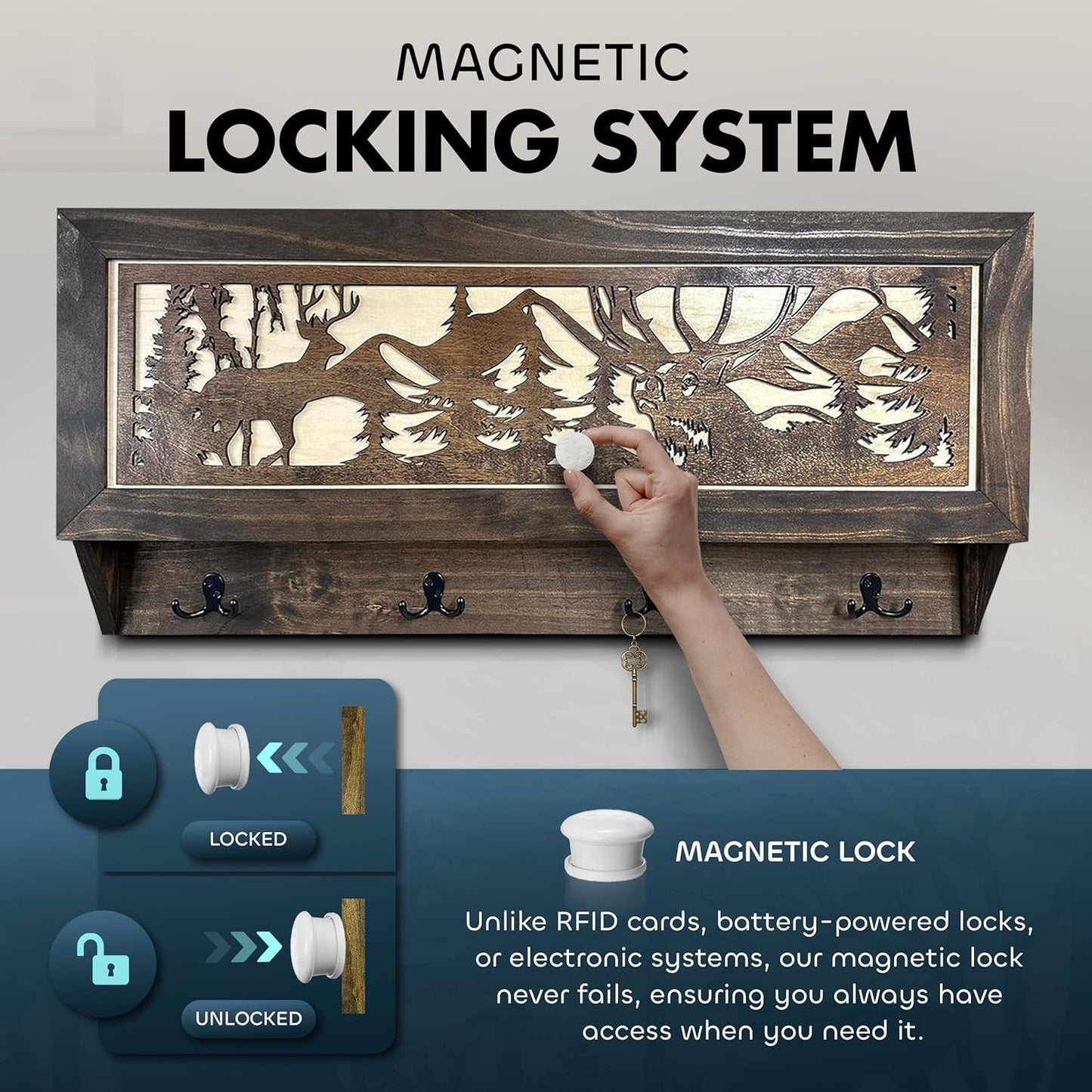 Deer Hunter Hidden Gun Storage - Coat Rack Concealment Shelf with Hooks for Coats, Bags, & Hats - Quick Access Hidden Gun Shelf - Hidden Storage Furniture with Secure Magnetic Lock