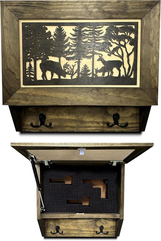 Gun Concealment Furniture - Deer Hunter Coat Rack Hidden Wall Safe with Hooks for Coats, Bags, & Hats - Quick Access Hidden Gun Storage - Wood Gun Cabinet with Secure Magnetic Lock
